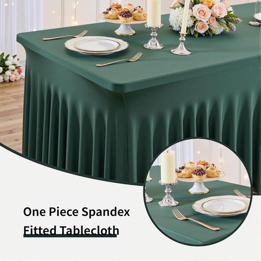 Outpain 8ft Spandex Table Cloth for Standard Folding Tables-4Pack Hunter Green Table Cloth Table Protector for Party, Wedding, Cocktail, Banquet, Festival