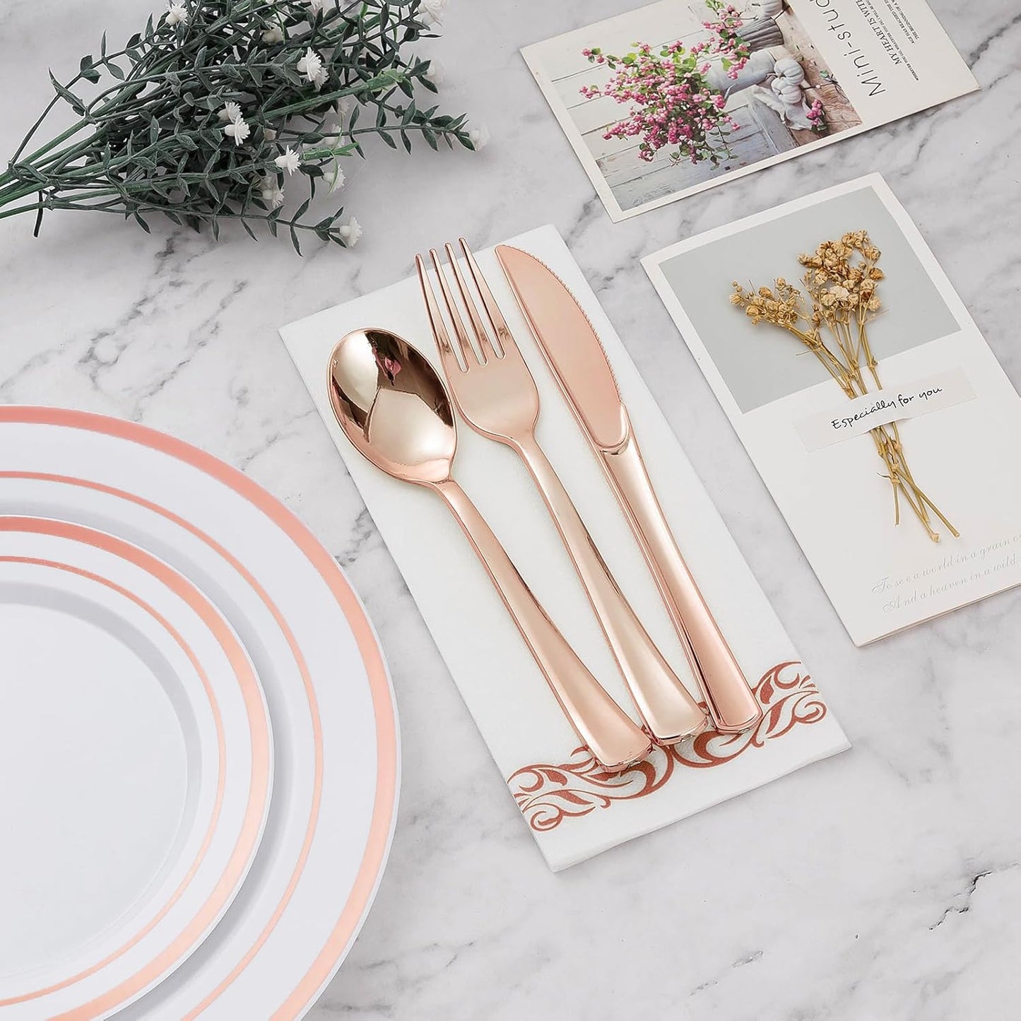 BESTVIP 350PCS Rose Gold Disposable Dinnerware Set for 50 Guests, Plastic Plates for Party, Wedding, Christmas, Halloween, Include: 100 Plastic Plates, 50 Silver Silverware, 50 Cups, 50 Napkins