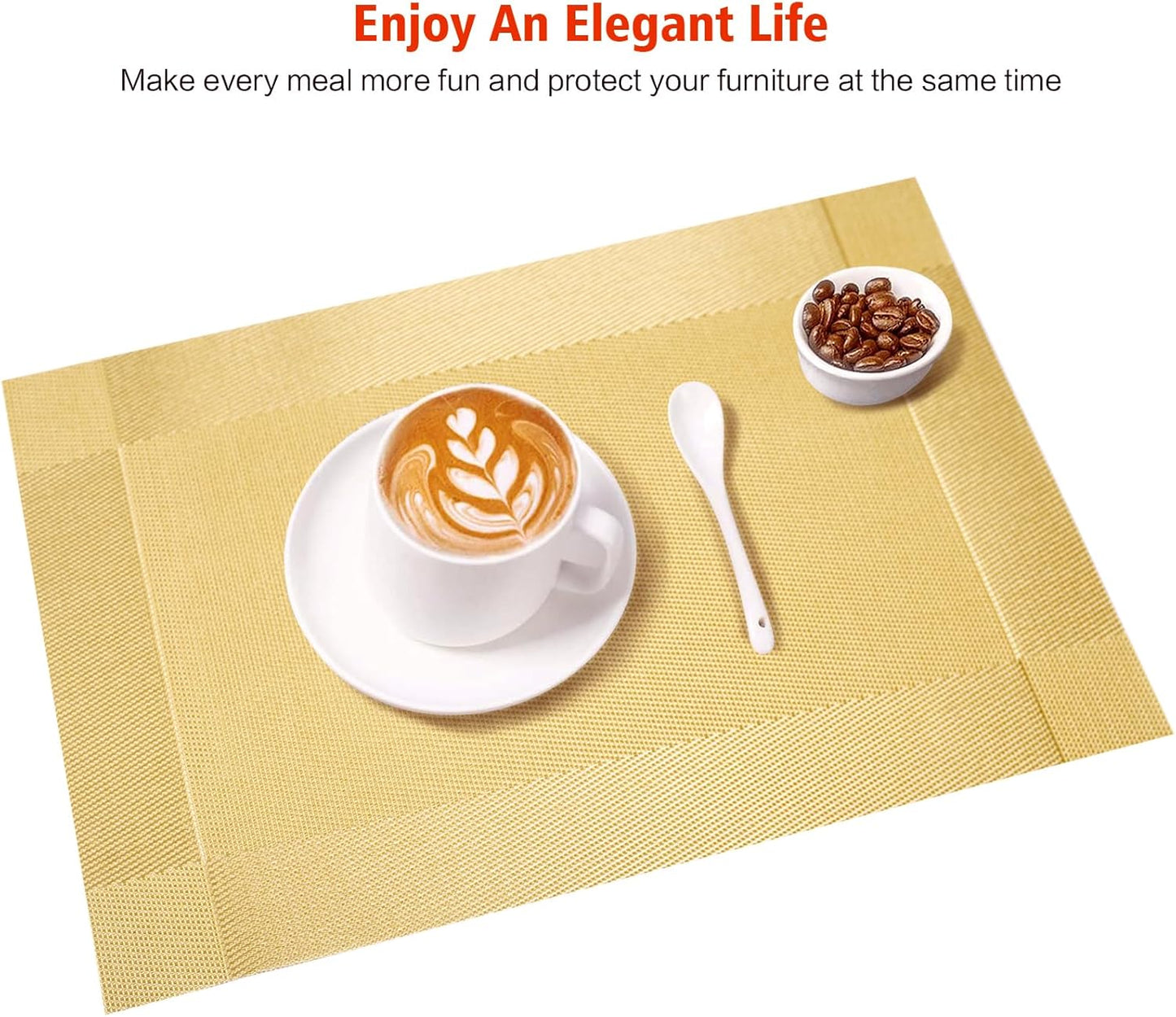 Placemats Set of 12,Washable,Heat and Stain Resistant Indoor/Outdoor Place mats,Vinyl Woven Non Slip Table Mats for Restaurant Table Protection,PVC Placemats(Gold 12PCS)
