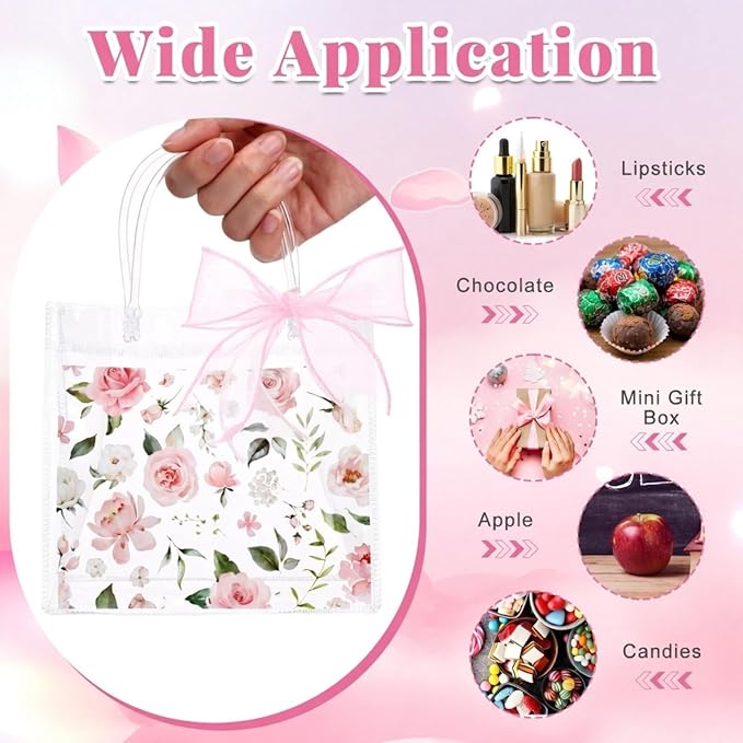 Wesnoy 24 Pcs Clear Floral Gift Bags with Handles Rose Pink Flower PVC Treat Tote Bag for Tea Birthday Party Wedding Bridal Shower Bachelorette Anniversary Engagement Guests, 6.3 x 5.9 x 3.2 Inch