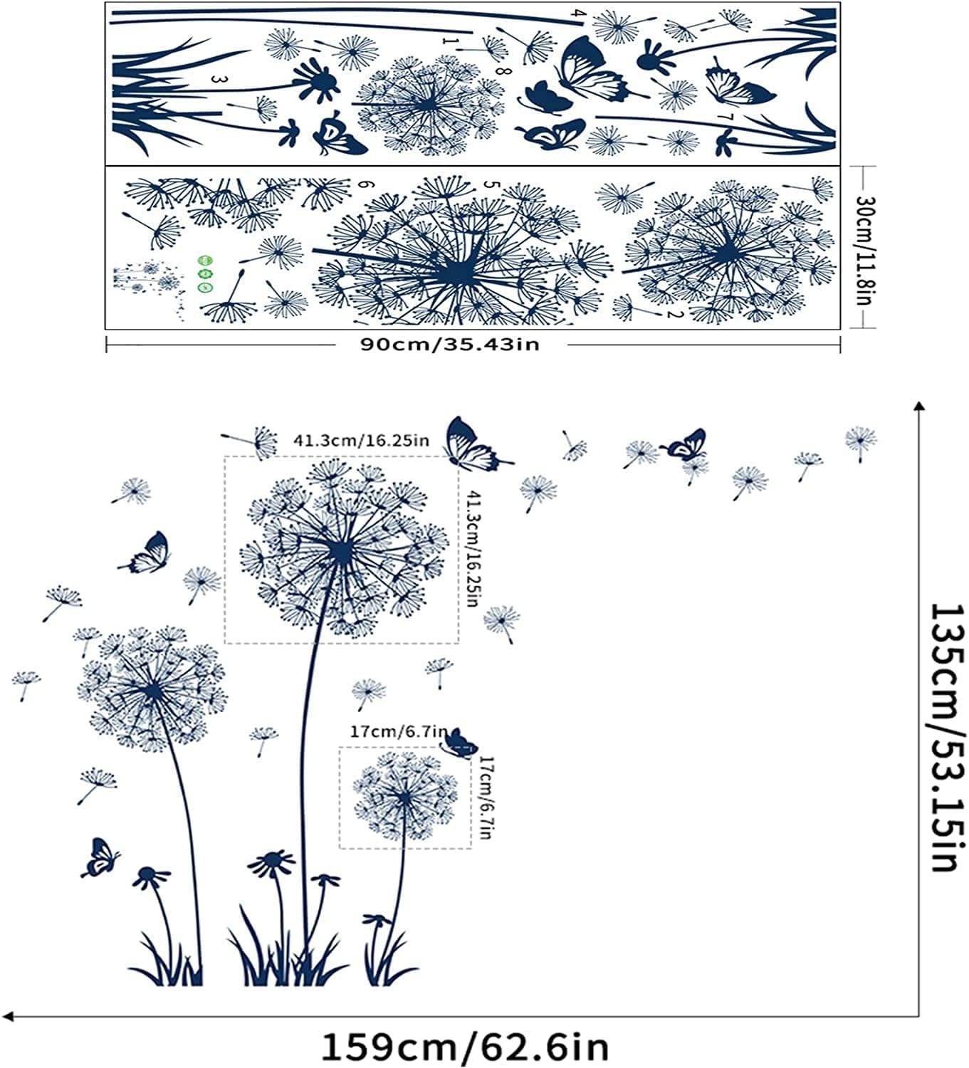 2 Set Dandelion Wall Decals Peel and Stick Blue Dandelion Wall Stickers Large Floral Wall Stickers & Murals Flower Wall Decals for Living Room Bedroom Bathroom Restroom Roommates Vinyl Wall Art