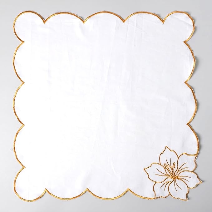 FINGERCRAFT Cloth Napkins, Everyday Use Scallop Floral Embroidery Design, Premium Quality Natural Cotton Napkin Set of 6 Perfect for Parties Dinners Weddings Easter Napkin Cloth 20x20 in White Orange