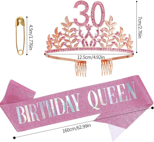 Birthday Sash Tiara Birthday Tiara Rhinestone Crown Rose Gold Birthday Queen Tiara Sash and Tiara for Women Birthday Decor Princess Tiara Cake Topper Crystals Hair Accessories for Party