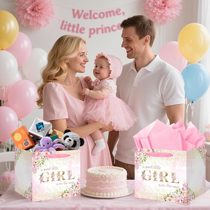 Extra Large Baby Girl Gift Bags - Pink Floral Baby Shower Square Gift Bag A Sweet Little Girl is on the Way Wrapping Paper Bag for Newborn Congratulations Gifts Gender Reveal Party Favors Decor
