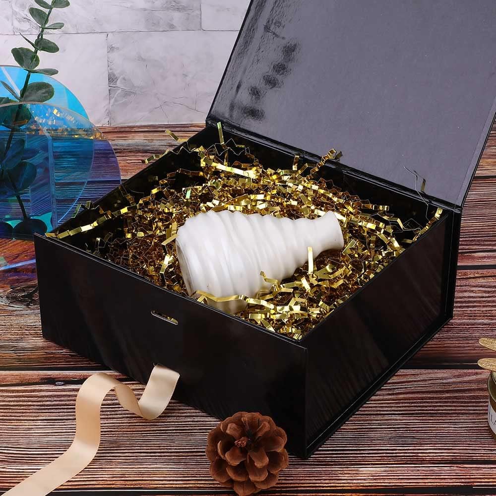 Black Gift Box 8x7x3.3 Inches, Luxury Gift Box with Ribbon, Empty Box with Lid Magnetic Closure, Groomsman Box, Collapsible Small Gift Boxes for Presents Packaging, Wedding (Glossy Black)