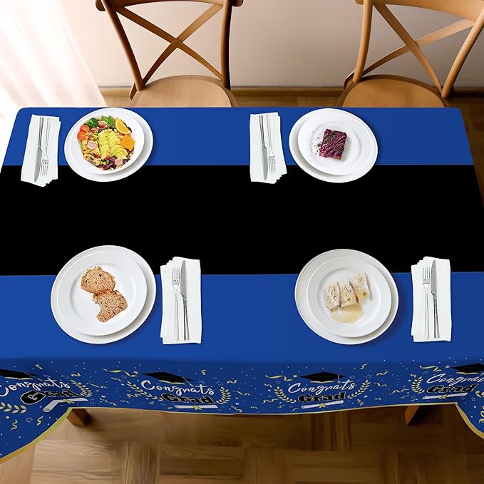 Childom 2 Pack Graduation Tablecloth,Graduation Decorations Class of 2026 Graduation Party Decorations,54"x108" Blue and Gold Plastic Table Cloth Disposable Rectangle for Home,School,Party Supplies