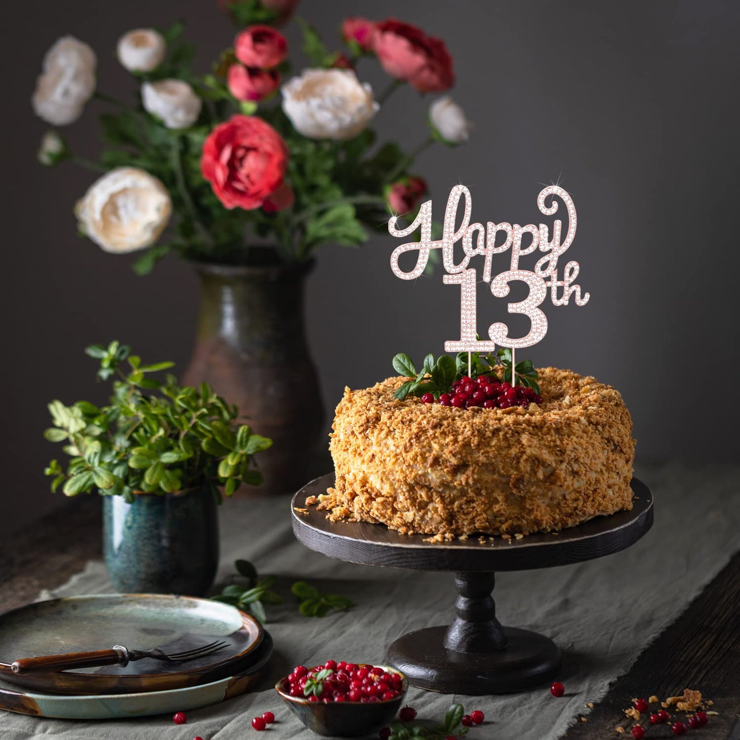 LASKYER Happy 13th Birthday Rose Gold Rhinestone Cake Topper - 13th Birthday/Anniversary,Cheers to Thirteen Years Old Bday Party Metal Sparkly Centerpieces Decorations.