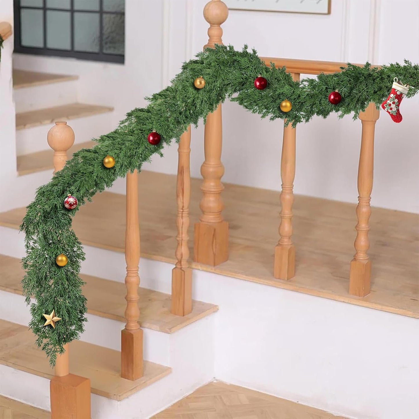 9ft Christmas Cedar Garland, Real Touch Pine Garland, Realistic Cypress Garlands Christmas Decorations for Mantel, Table, Stairs, Porch - Indoor Outdoor Xmas Holiday Decor