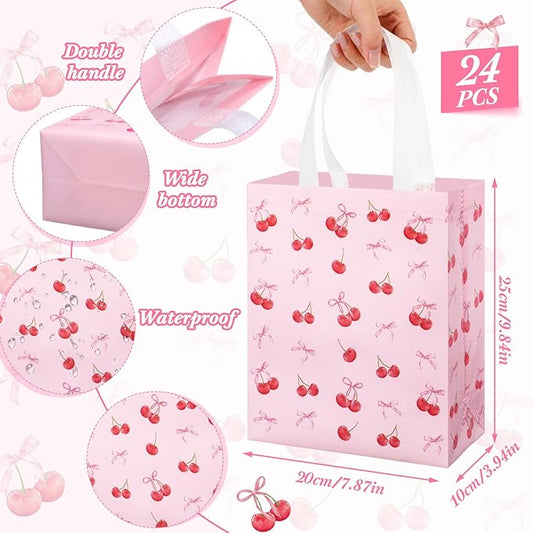 Supervitae 24 Pack Cherry Bow Birthday Gift Bags Red Pink Bow Cherry Medium Goodie Party Bags Spring Reusable Totes Non Woven Totes for Birthday Baby Bridal Shower Family Travel(9.8" x 7.9" x 3.9")