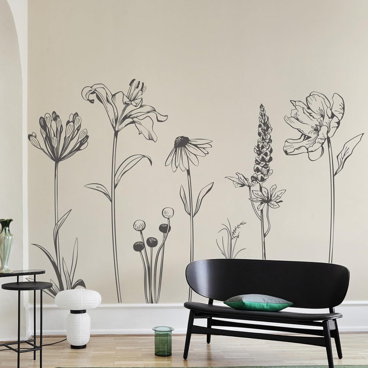 Large Boho Black Flower Wall Decals Simple Sketch Wildflower Floral Wall Stickers for Girls Bedroom Living Room Bathroom Office Adult Home Decor