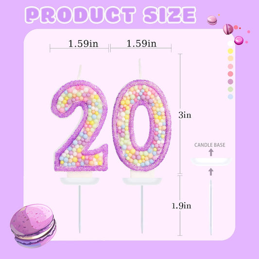 Purple Birthday Candles - Number 20 Candle, Colorful Macaron Candles, 20 Birthday Decorations for Girls, Purple Cake Decorations, Theme Party Supplies