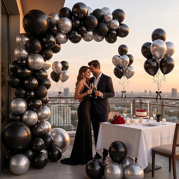 Black and Silver Balloons Arch Kit,130pcs Metallic Black Balloons Garland,Different Sizes Metallic Silver Latex Balloons for Birthday Engagement Baby Shower Wedding Graduation Party Decorations
