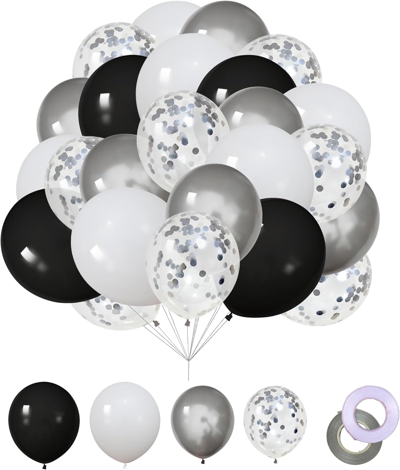 62Pcs 12Inch Black White Silver Balloons Arch Kit, White and Black Metallic Silve Confetti Party Balloons with Ribbons for Birthday, Wedding, Baby Shower, Graduation Decorations