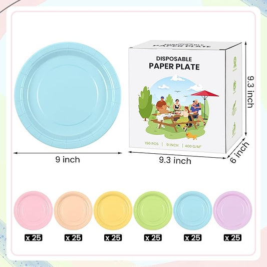 Kochorie 150 Pieces Pastel Rainbow Disposable Paper Plates 9 Inch Heavy Duty Dinner Plates, Solid Color, Table Decorations Party Supplies for Birthdays, Weddings, Daily Use