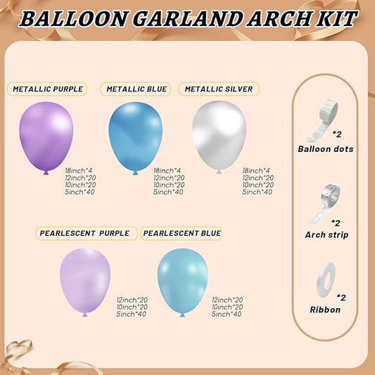 412pcs Blue Purple Balloon Garland Arch Kit, 18 12 10 5 inch Different Sizes Blue Purple Pearlescent Metallic Balloons for Princess Winter Wonderland Girl Baby Party Decorations