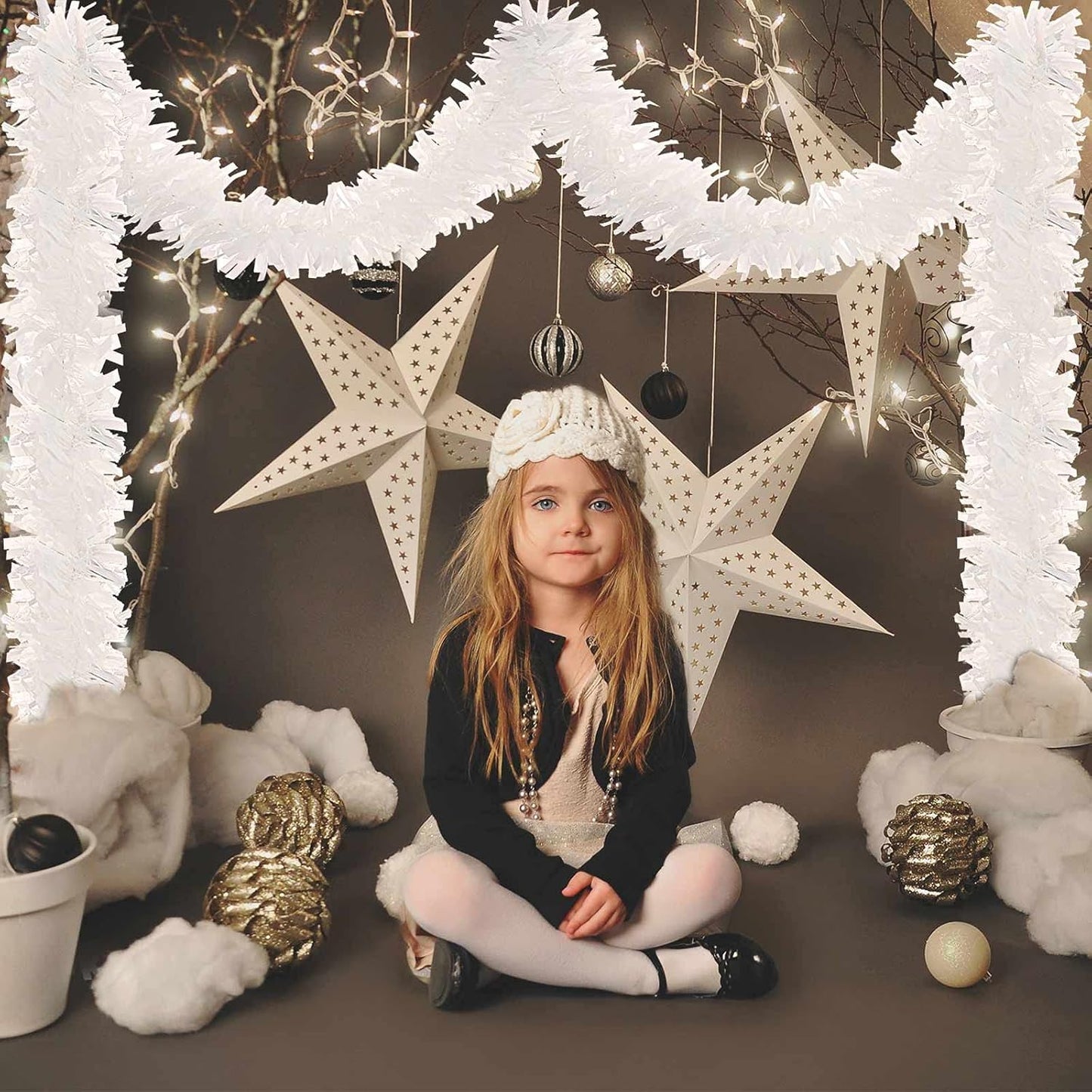 Sosation 100 ft Christmas Tinsel Garland Christmas Tree Twist Garland Bulk Glitter Metallic Streamer Indoor Outdoor Hanging Xmas Decorations(White)