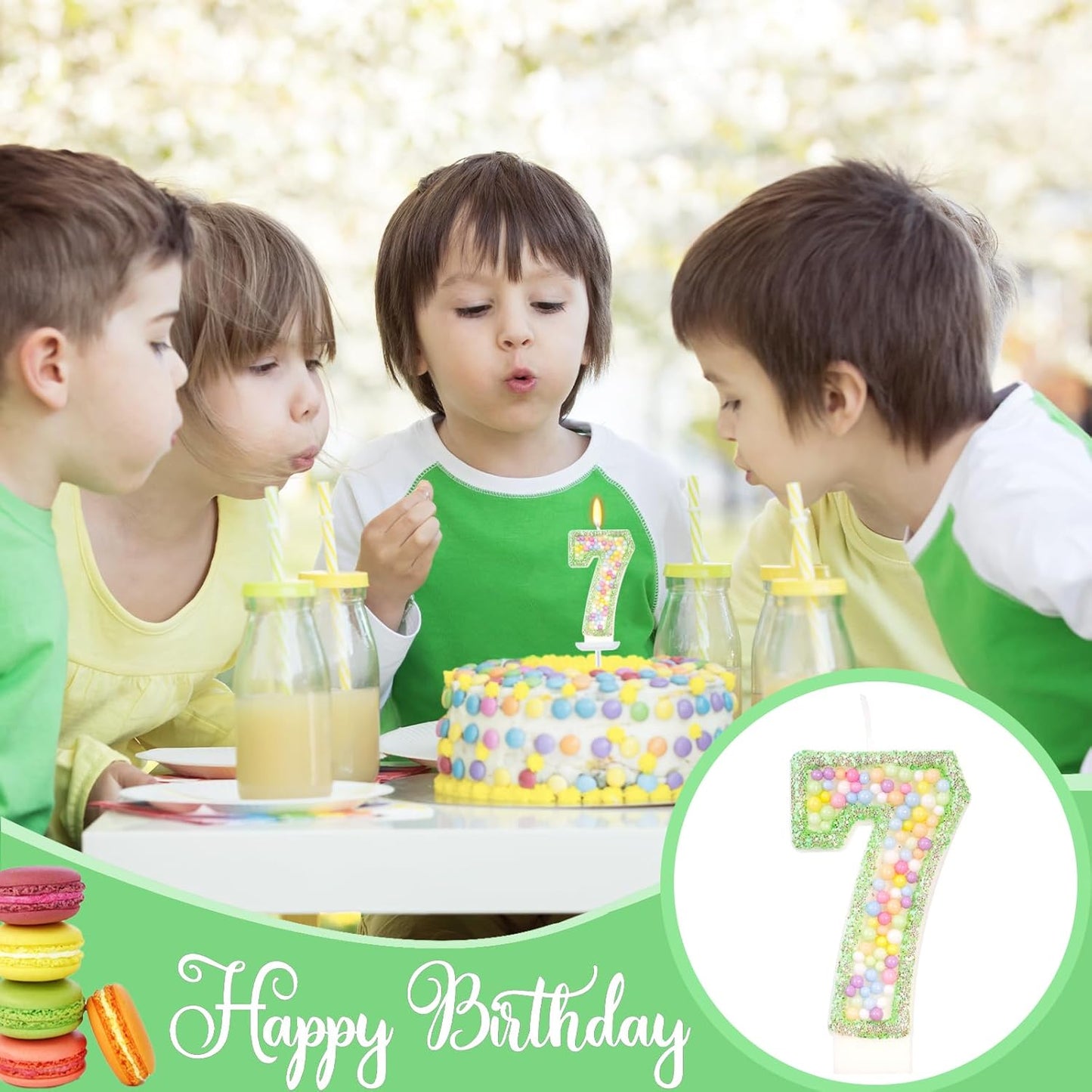 Birthday Candles - Number 7 Candle, Colorful Macaron Candles for Boys/Girls, Green Cake Decorations, Dinosaur Themed Party Supplies