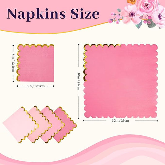 100 Pcs Pink Cocktail Napkins with Gold Foil Scalloped Edges 5 x 5 Inch Dessert Napkins Disposable Thick Paper for Wedding Dinner Birthday Party
