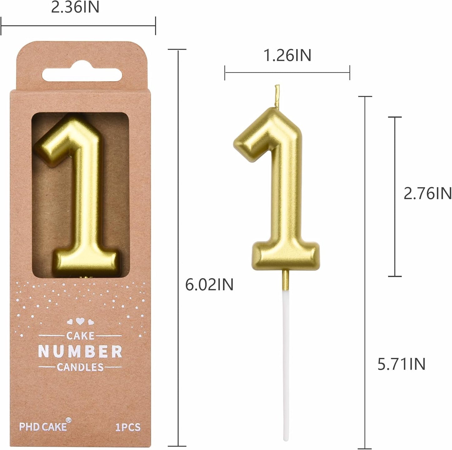 PHD CAKE 2.76 inch Classical Gold 1 Number Birthday Candles, Gold Number Candles, Cake Number Candles, Party Celebration