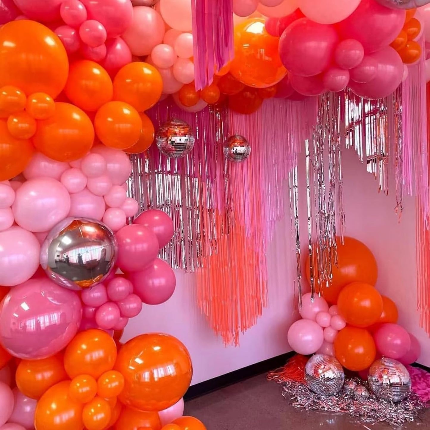 Pink and Orange Balloon Arch Kit, 180Pcs Hot Pink Orange Metallic Silver Latex Balloon Garland kit, 18 12 10 5 Inch Different Size Balloons for Birthday Baby Shower Wedding Party Decorations