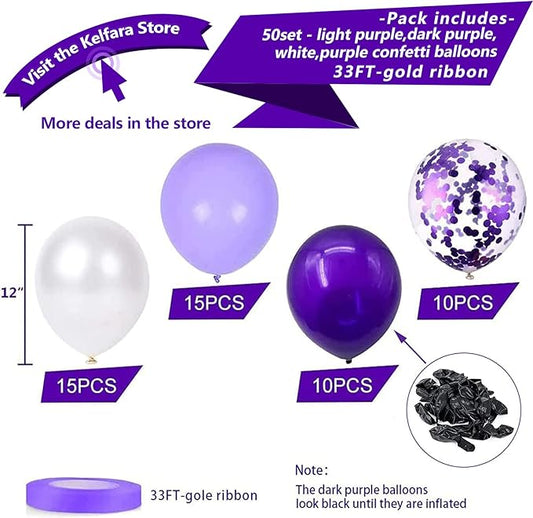 White Purple Confetti Latex Balloons, 50pcs 12 inch Helium Party Balloon with 33 Ft Purple Ribbon for Birthday, Girls Baby Shower, Wedding, Anniversary and Festival Ceremony Princess Decoration