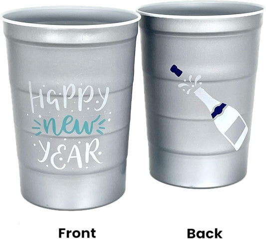 16 oz. Party Cups 'Happy New Year' Champagne Design for Cold Drinks, Durable, Disposable, Recyclable, Made in USA, Gray, 12 Count