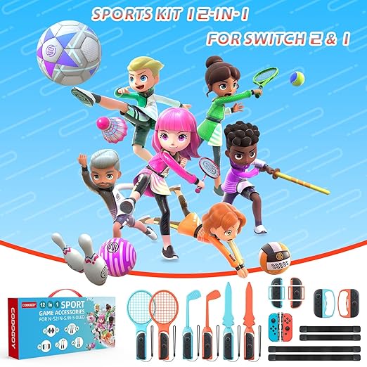 CODOGOY 12-in-1 Switch Sports Accessories Bundle for Switch 1/2/OLED - Complete Family Sports Kit with Storage Bag, Exclusive Bowling Grips & 2 Player Support for Nintendo Switch Sports Games,Switch 1/2 Compatible