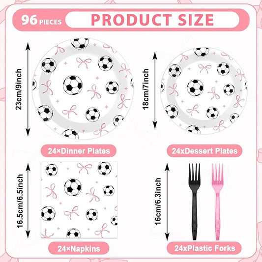 96PCS Soccer and Bow Party Paper Plates and Napkins for Sports Themed Party Dessert Cake Plates Disposable Decor Pink Bow Soccer Birthday Parties Set for Boys Girls Birthday Gatherings Decorations