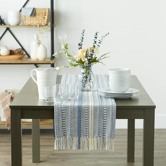 DII Farmhouse Braided Stripe Table Runner Collection, 15x108 (15x113, Fringe Included), Stonewash Blue