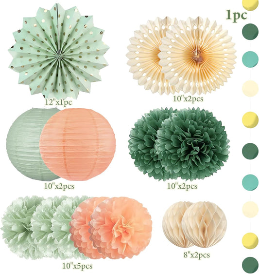 Sage Green and Peach Party Decorations Green and Peach Paper Fans Paper Lanterns Pom Poms Flowers for Baby Shower Birthday Wedding Engagement Party