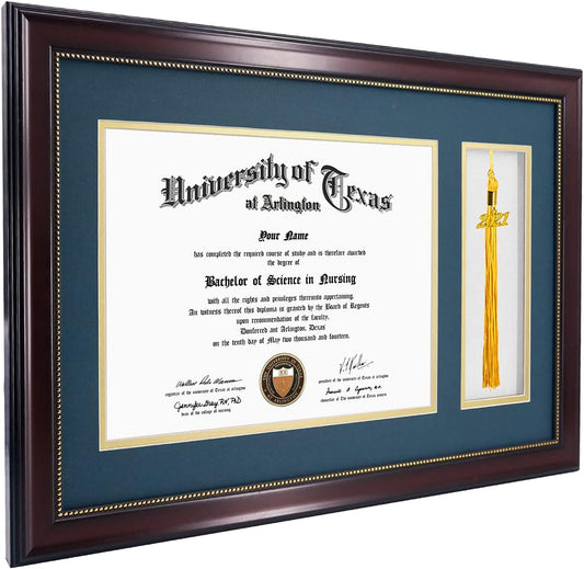 GraduationMall 11x17 Mahogany Diploma Frame with Tassel Holder for 8.5x11 Certificate Document,Real Glass, Navy Blue over Gold Mat