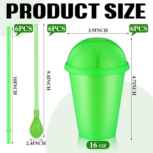 6 Set Slushie Cups with Dome Lids and Straws Detachable Spoon Straws Reusable Plastic Iced Coffee Cups Smoothie Tumbler for Birthdays Summer Party Supplies(Green,16 oz)