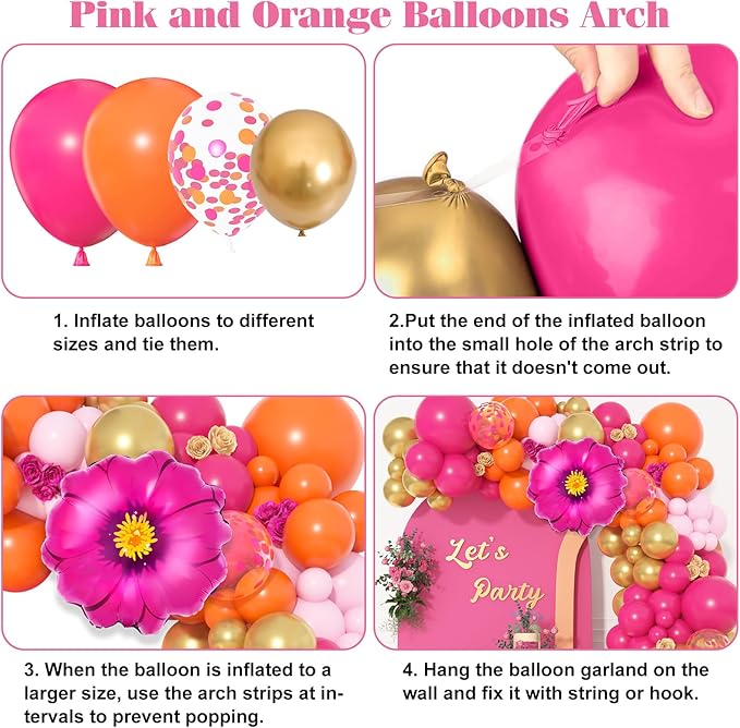 Ouddy Life 175Pcs Hot Pink and Orange Balloons Arch Garland Kit, Pink and Orange Party Decorations with Gold Balloons Foil Flowers for Women Wedding Bridal Tropical Bachelorette Birthday Decor, Large