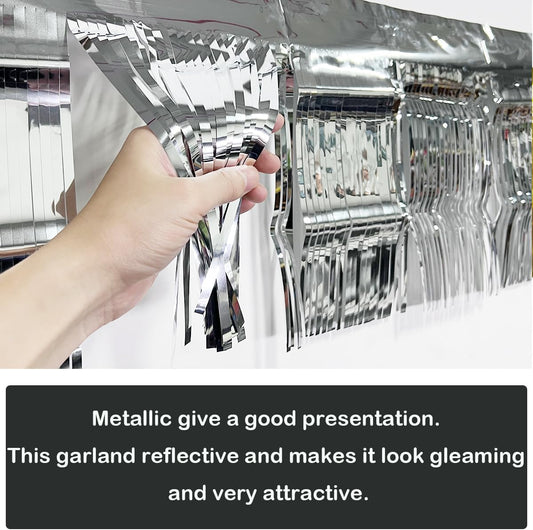 3 Pack Total 30 Silver Feet Foil Fringe Garland Metallic Wall Hanging Drapes Tassel Skirting Tinsel Streamers Decorations for Parade Float Trailer Mardi Gras Party Birthday Wedding