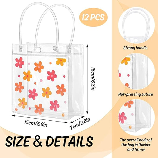 JarThenaAMCS Boho Floral Clear Gift Bags Christmas Groovy Flower PVC Party Favor Bags with Handles Cute Daisy Decorative Treat Bags for Wedding Birthday Shower Party Supplies, 12Pcs