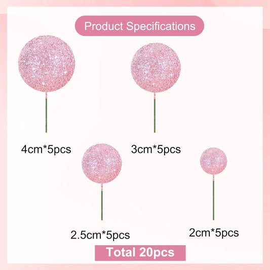 BEISHIDA 20 PCS Pink Glitter Bling Mini Ball Cake Toppers Foam Cake Balls Decoration Supplies for Happy Birthday Anniversary Wedding Baby Shower Graduation Christmas Cake Decorations