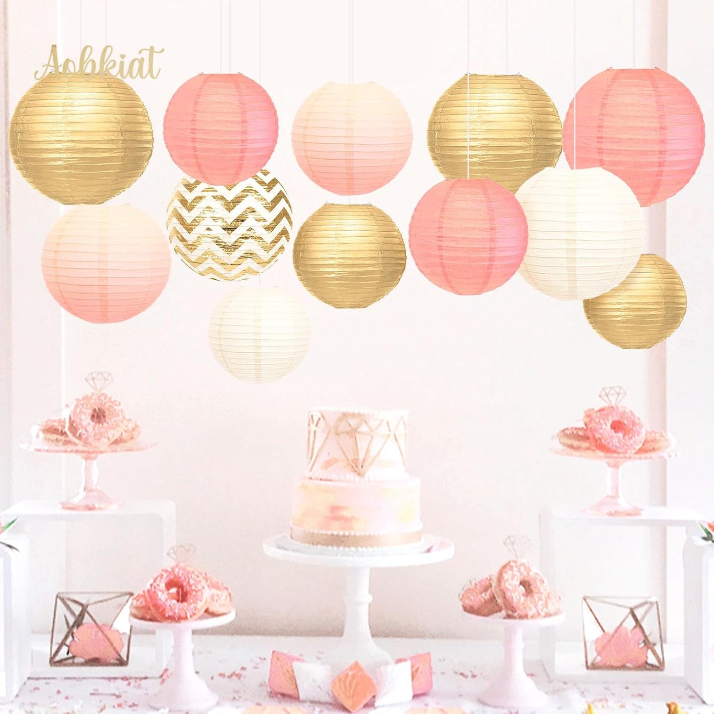 AOBKIAT Pink Birthday Party Decorations for Women Girls,12 Pcs Gold Hanging Paper Lantern for Wedding Engagement Bridal Baby Shower Bachelorette Party Supplies