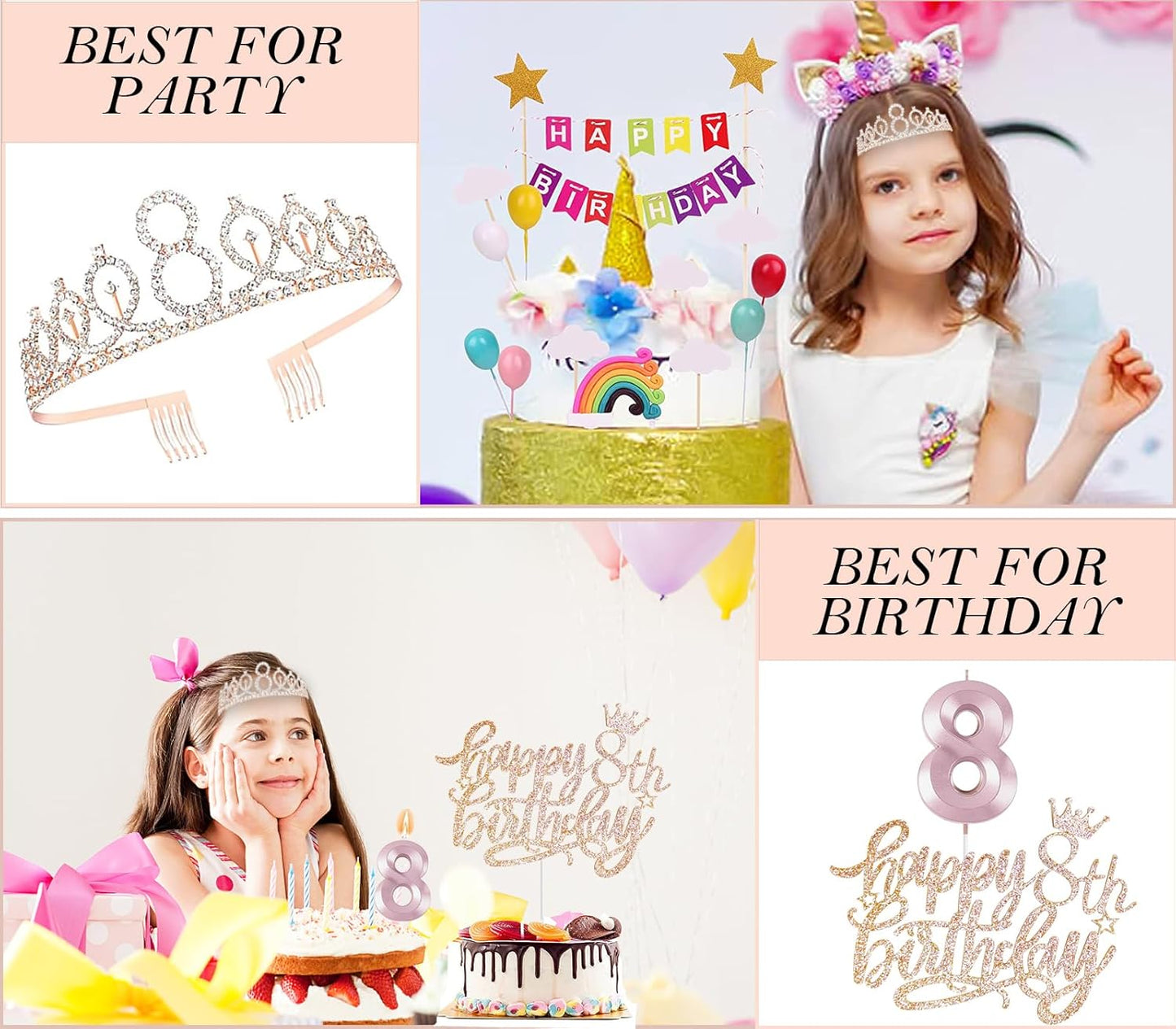 8th Birthday Decorations for Girls, Including 8 year old Birthday Cake Topper, Queen Sash with Pearl Pin, Sweet Rhinestone Tiara Crown, Number Candles and Balloons Set, Rose Gold