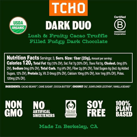 TCHO Dark Duo 75% Dark Chocolate Bars (5 pack) | Plant Based, Organic & Fair Trade, | Non GMO, Non-Dairy, Vegan Chocolate, Soy Free (2.5oz each)