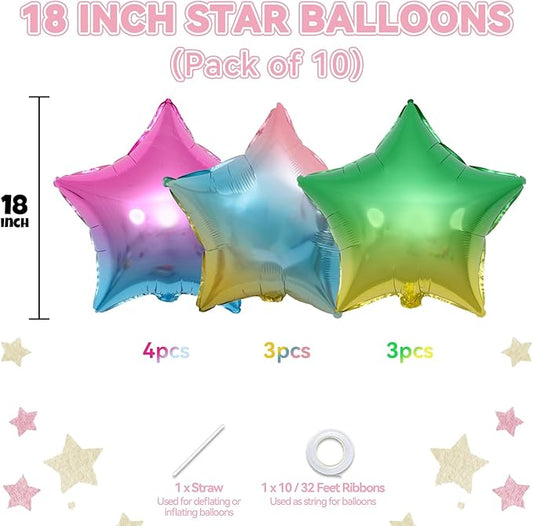 Biapian Gradient Star Foil Balloons, 10PCS Rainbow Foil Stars Shape Balloons, 18 Inch Multicolor Stars Balloon Aluminum for Helium for Kids Birthday, Baby Shower Wedding ColorfulParty Decoration