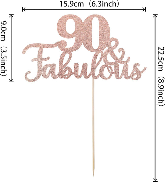 1 PCS 90 & Fabulous Cake Topper Glitter Ninety and Fabulous Cake Toppers Happy 90th Birthday Cake Pick for 90th Wedding Anniversary Birthday Party Cake Decorations Supplies Rose Gold