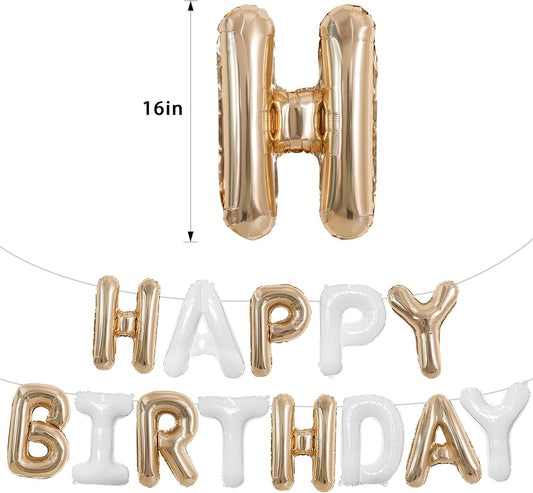 TONIFUL Happy Birthday Balloons Banner 16 Inch Mylar Foil Letters Birthday Sign Reusable for Girls Boys Kids & Adults Birthday Party Decorations Supplies(Champagne Gold White)
