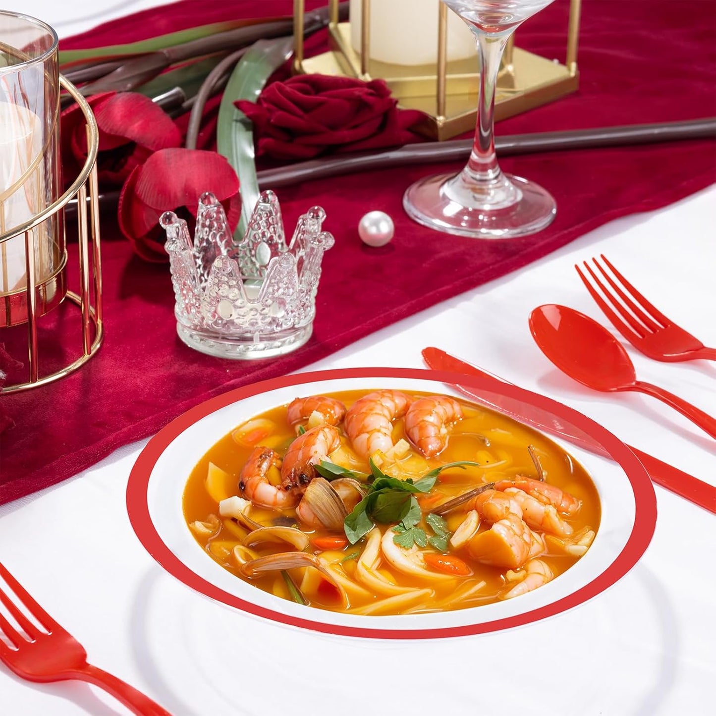 Liacere 60Pcs Red Plastic Bowls - Disposable Clear and Red Dessert Bowls - 12OZ Premium Plastic Soup Bowls for Wedding &Christmas Day