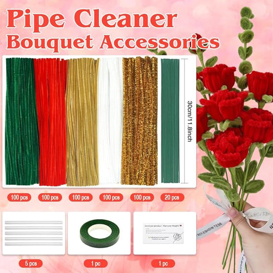 500pcs Multi-Season Pipe Cleaners Craft Kit with Flower Stem Wires & Art Tape - Valentine’s Day, Mother’s Day, Graduation & Holiday DIY Projects, 5 Colors Chenille Stems Set (7mm x12 inch)