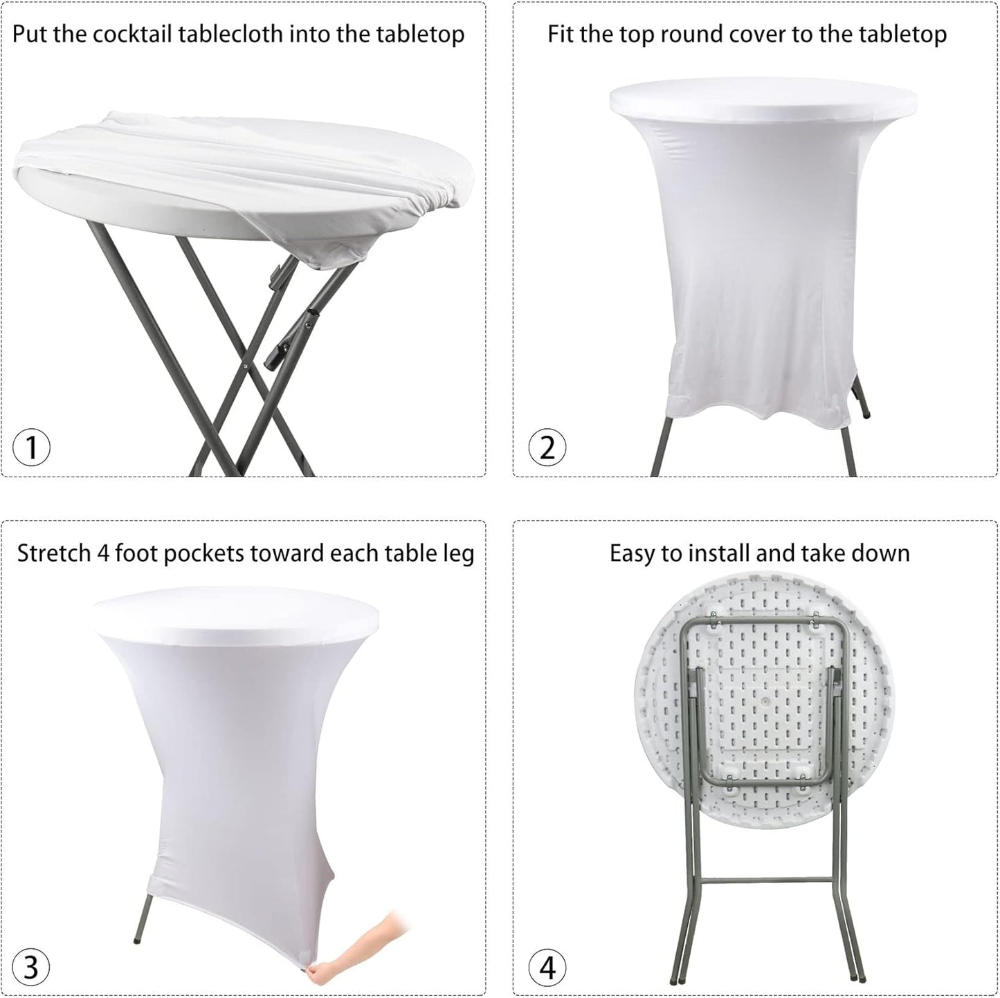 4 Pack Cocktail Spandex Tablecloth 32"x43" Cocktail Table Cover Fitted High Top Round Table for Bar Wedding Birthday Party Banquet (White)