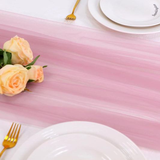 Snowkingdom Dusty Rose Table Runner, 10FT Sheer Tulle Cheesecloth Gauze Runner Table Dusty Rose, Rustic Boho Home Decorations for Fall Party Wedding Bridal Baby Shower Birthday Christmas Holiday
