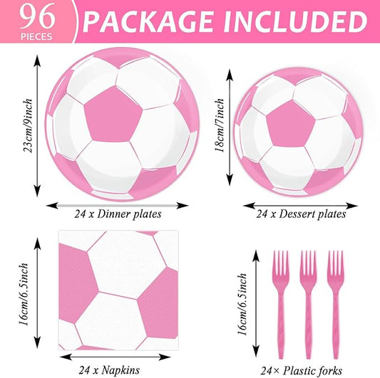 OBUSATT 96Pcs Pink Soccer Party Supplies - Birthday Paper Plates, Napkins, Decorations, Dinnerware, Party Favors, Serves 24
