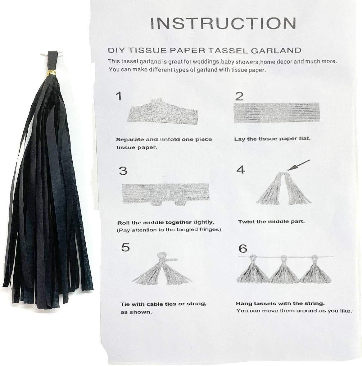 Tissue Paper Tassels Garland Banner Table Decor Party Banner Wedding Birthday Baby Shower Nursery Party Decorations Supplies (20, Black)