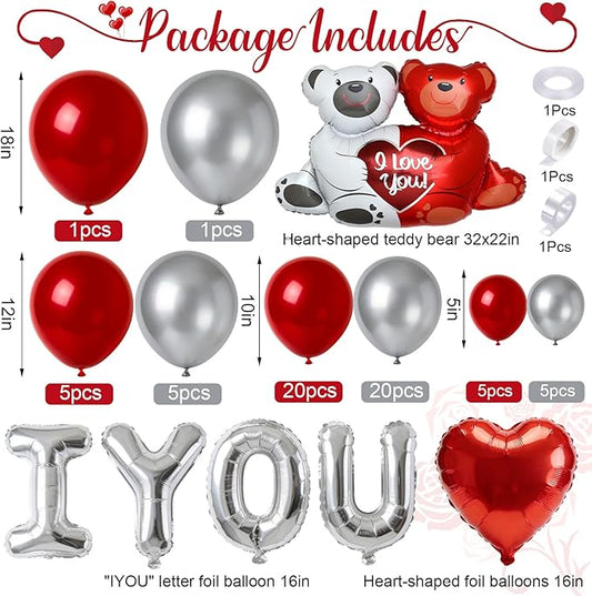 Valentines Day Balloon Arch Kit, Red and Silver Balloon Garland with Large Bear/I YOU/Heart Foil Balloons for Galentines Mothers Day Wedding Engagement Anniversary Valentines Party Decorations