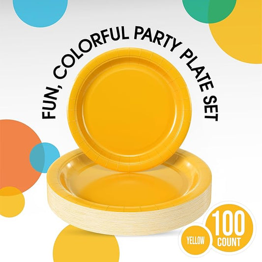 Exquisite Yellow Paper Plates Disposable Heavy Duty 100 Pcs - 50-7" & 50-9" Yellow Disposable Plates For Party Heavy Duty Paper Plate 350 GSM Birthday Party Supplies Plate Set
